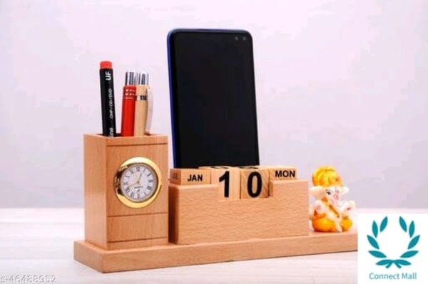 Graceful Wooden 5 In 1 Desk Organizer With Multi Holder - Pen Holders, Calender, Clock, Mobile Holder And Small Ganesh Idol  - Wooden, Ganesh Idol, 1 Piece